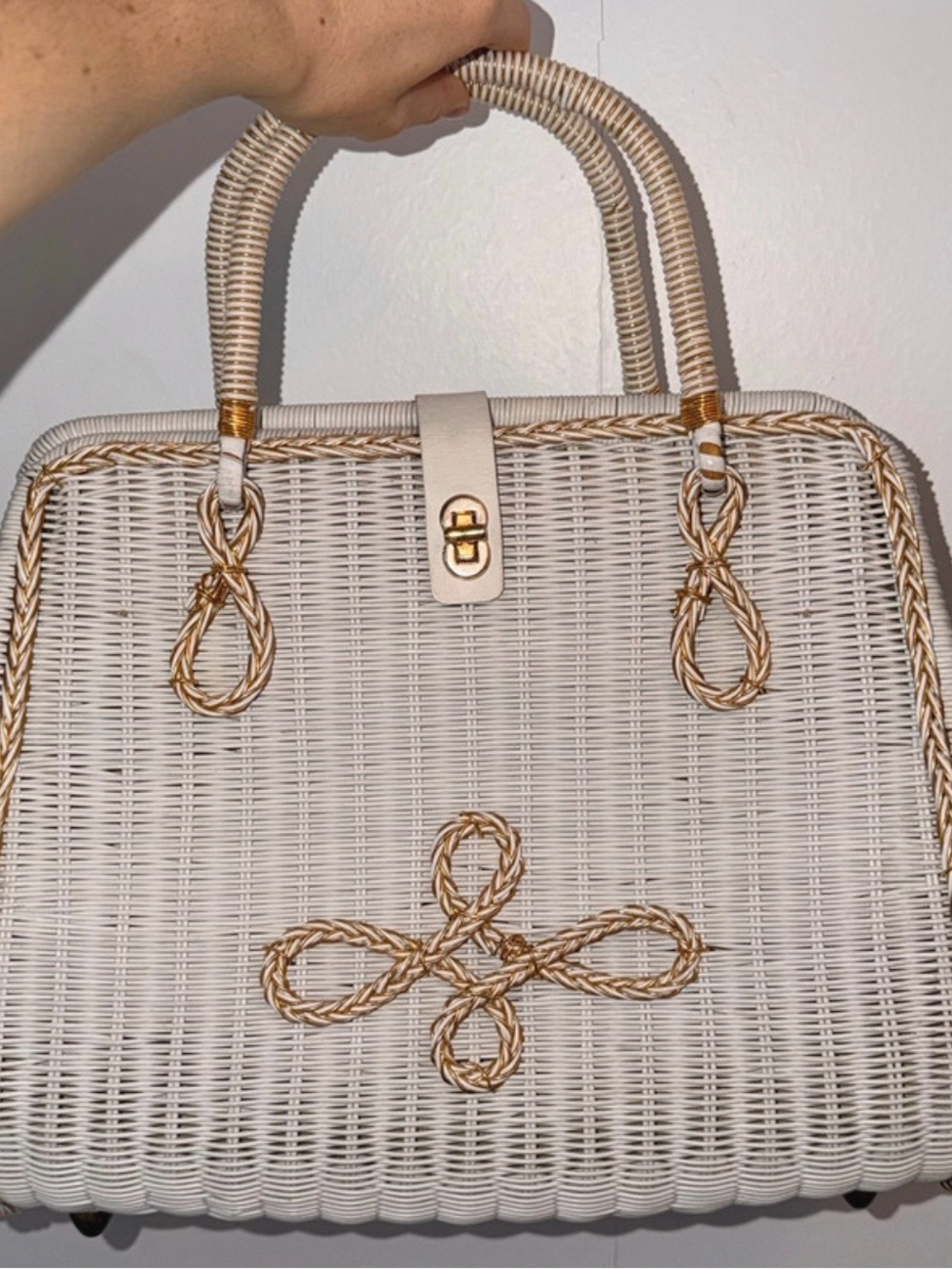 Cream Woven Tote with Gold-Tone Braided Detail
